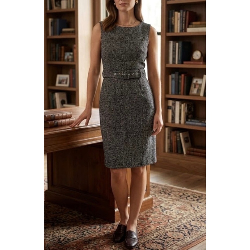 Banana Republic Black‎ White Tweed Belted Sheath Dress Womens 4P Sleeveless